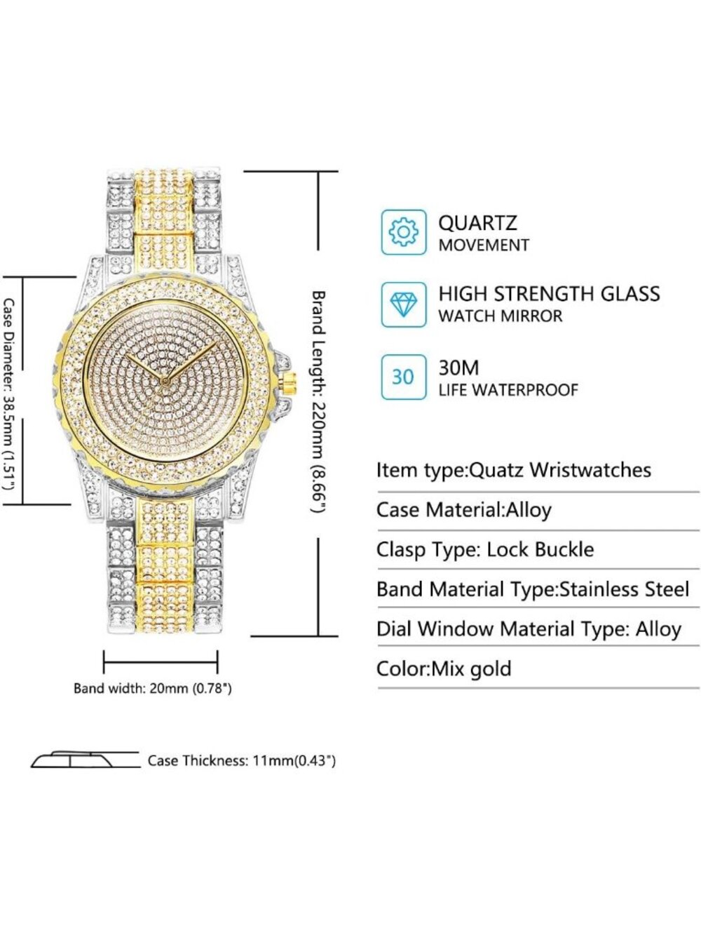 Women's Silver Gold Interior Full Diamond Bling Rhinestone Quartz Crystal Watch - Picture 6 of 6